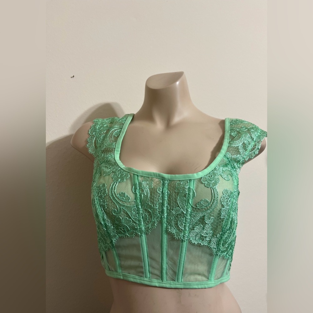 Victoria Secret Boho Floral Embroidery Cap-Sleeve Corset Bra Top Clueless Green